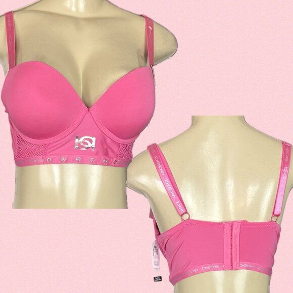 Bebe 36B Pink Pin Mesh Accent Logo Adjustable Straps Padded Longline Push-Up Bra - Picture 1 of 6
